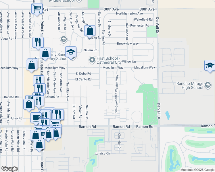 map of restaurants, bars, coffee shops, grocery stores, and more near 129 Via Palermo in Cathedral City
