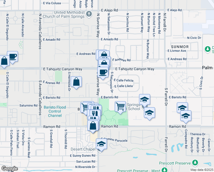 map of restaurants, bars, coffee shops, grocery stores, and more near 1780 East Baristo Road in Palm Springs