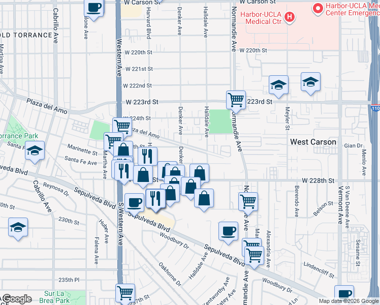 map of restaurants, bars, coffee shops, grocery stores, and more near 1453 West 227th Street in Torrance