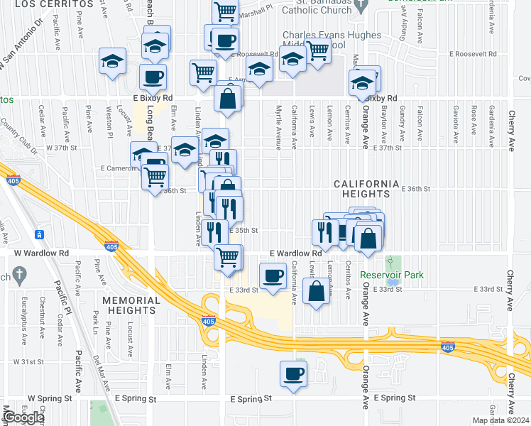 map of restaurants, bars, coffee shops, grocery stores, and more near 3536 Olive Avenue in Long Beach