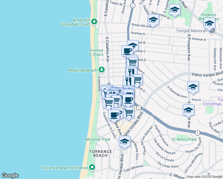 map of restaurants, bars, coffee shops, grocery stores, and more near 205 Avenue H in Redondo Beach