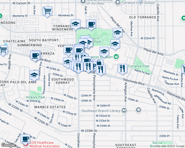 map of restaurants, bars, coffee shops, grocery stores, and more near 2421 West 227th Street in Torrance