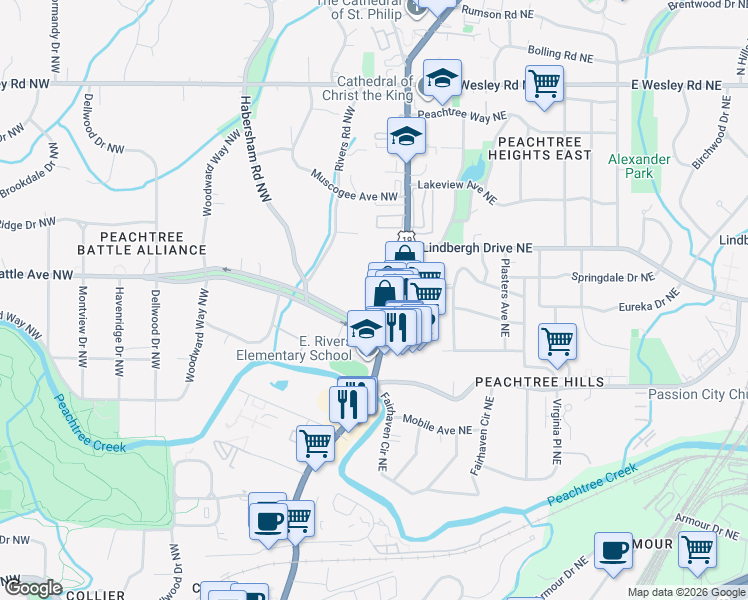 map of restaurants, bars, coffee shops, grocery stores, and more near 2420 Peachtree Road Northwest in Atlanta