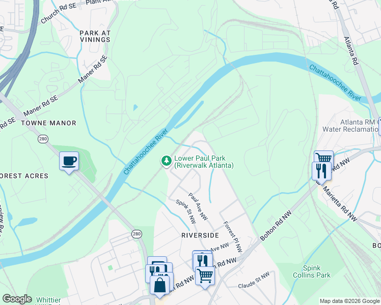 map of restaurants, bars, coffee shops, grocery stores, and more near 2380 Bernard Road Northwest in Atlanta