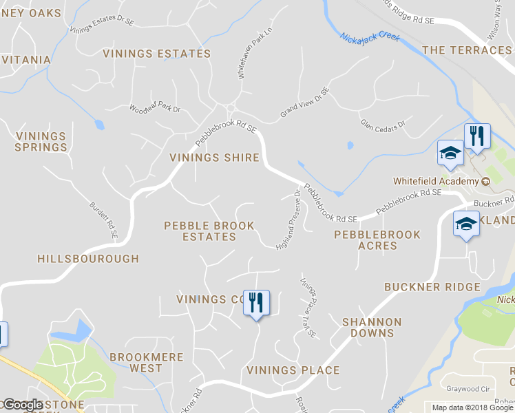 map of restaurants, bars, coffee shops, grocery stores, and more near 5559 Highland Preserve Drive in Mableton