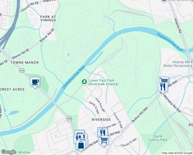 map of restaurants, bars, coffee shops, grocery stores, and more near 2380 Bernard Road Northwest in Atlanta