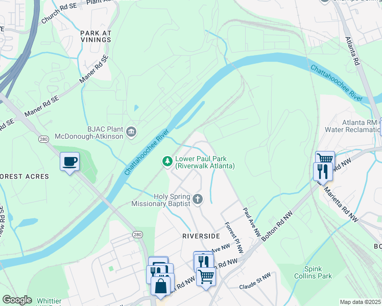 map of restaurants, bars, coffee shops, grocery stores, and more near 2453 Paul Avenue Northwest in Atlanta