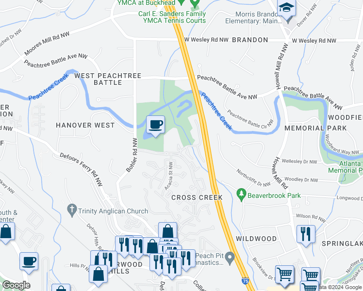 map of restaurants, bars, coffee shops, grocery stores, and more near 151 Elysian Way Northwest in Atlanta