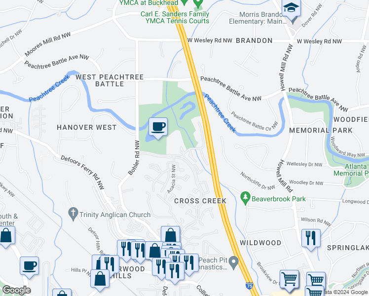 map of restaurants, bars, coffee shops, grocery stores, and more near 153 Elysian Way Northwest in Atlanta