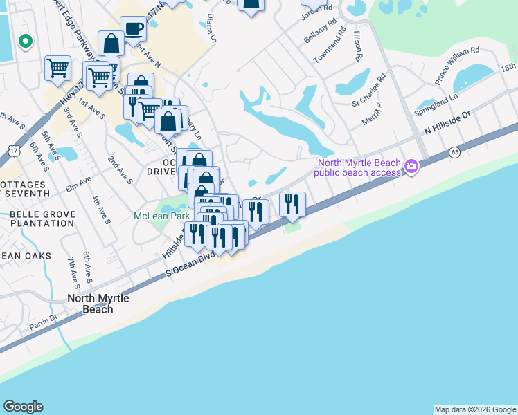 map of restaurants, bars, coffee shops, grocery stores, and more near 213 2nd Avenue North in North Myrtle Beach