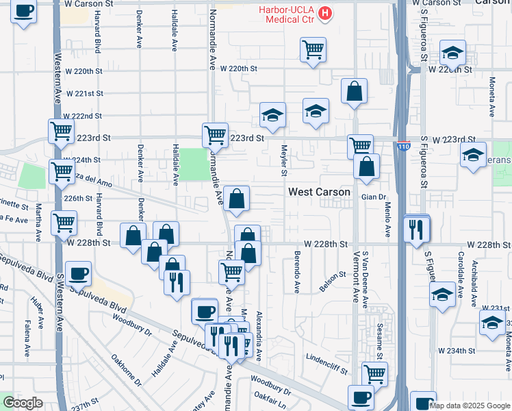 map of restaurants, bars, coffee shops, grocery stores, and more near 22600 Normandie Avenue in Torrance