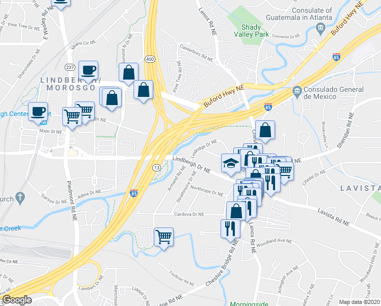 map of restaurants, bars, coffee shops, grocery stores, and more near 960 Lindridge Drive Northeast in Atlanta