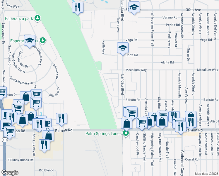 map of restaurants, bars, coffee shops, grocery stores, and more near 31310 Calle Cayuga in Cathedral City