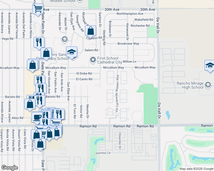 map of restaurants, bars, coffee shops, grocery stores, and more near 128 Via Palermo in Cathedral City
