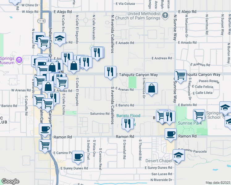map of restaurants, bars, coffee shops, grocery stores, and more near 280 South Avenida Caballeros in Palm Springs