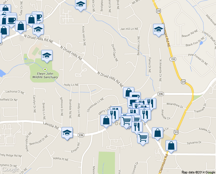 map of restaurants, bars, coffee shops, grocery stores, and more near 1780 N Holly Lane Northeast in Atlanta