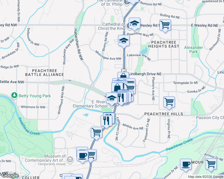 map of restaurants, bars, coffee shops, grocery stores, and more near 2420 Peachtree Road in Atlanta