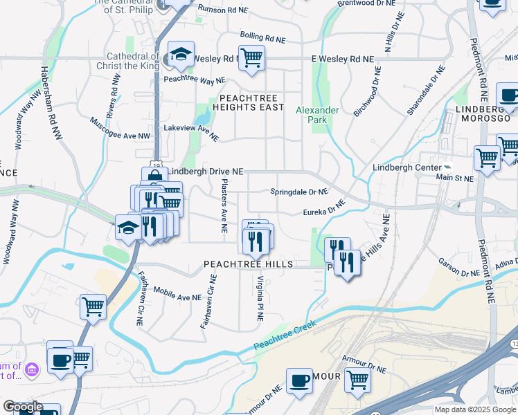 map of restaurants, bars, coffee shops, grocery stores, and more near 200 Eureka Drive Northeast in Atlanta