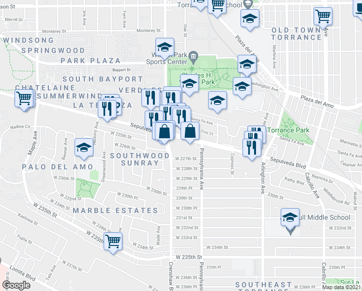 map of restaurants, bars, coffee shops, grocery stores, and more near 2448 Sepulveda Boulevard in Torrance