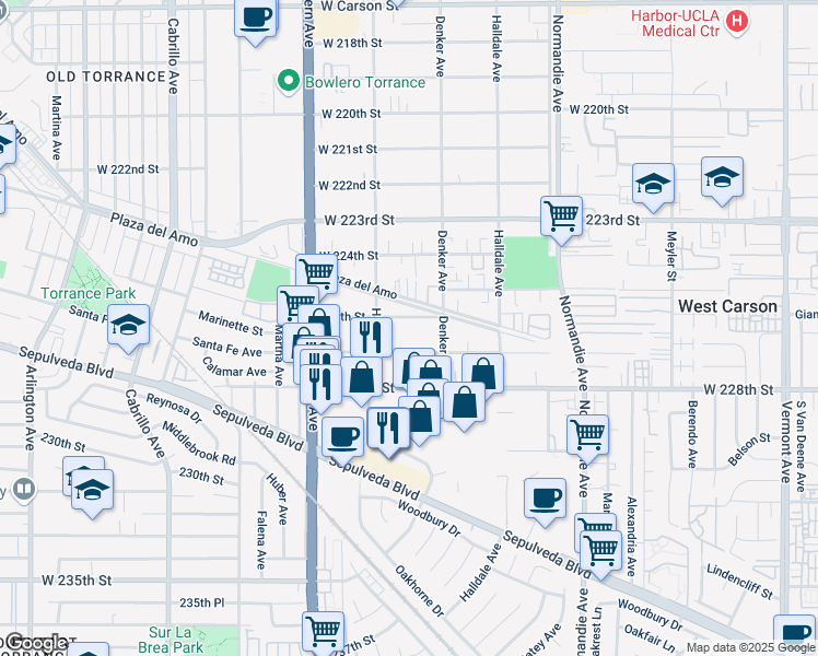 map of restaurants, bars, coffee shops, grocery stores, and more near 1533 West 227th Street in Torrance