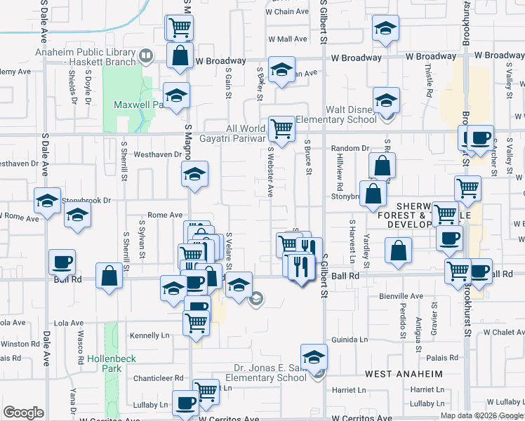 map of restaurants, bars, coffee shops, grocery stores, and more near 801 South Webster Avenue in Anaheim