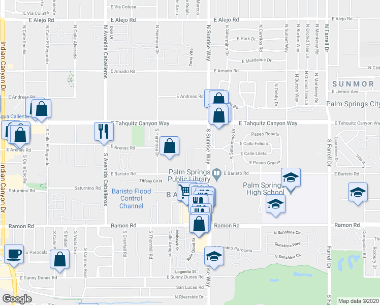map of restaurants, bars, coffee shops, grocery stores, and more near 1464 East Baristo Road in Palm Springs