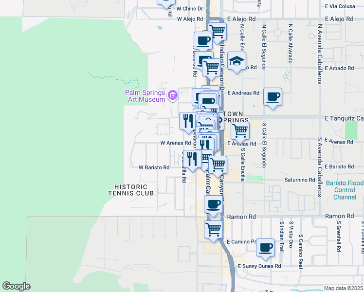 map of restaurants, bars, coffee shops, grocery stores, and more near 220 South Cahuilla Road in Palm Springs