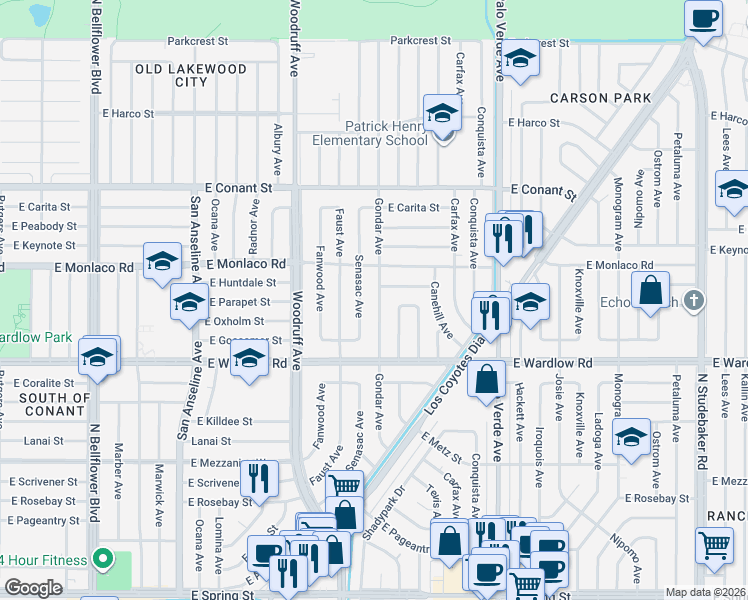 map of restaurants, bars, coffee shops, grocery stores, and more near 3459 Gondar Avenue in Long Beach