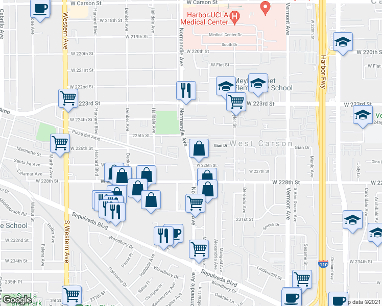map of restaurants, bars, coffee shops, grocery stores, and more near 22603 Normandie Avenue in Torrance