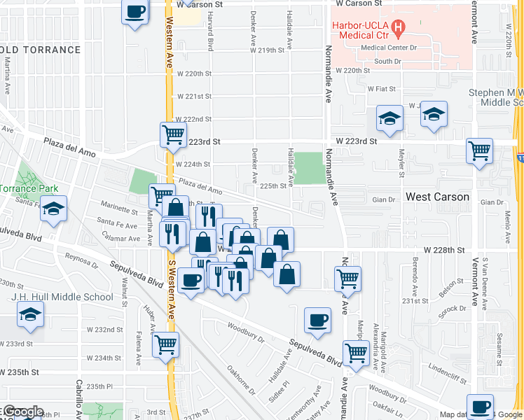 map of restaurants, bars, coffee shops, grocery stores, and more near 1453 West 227th Street in Torrance