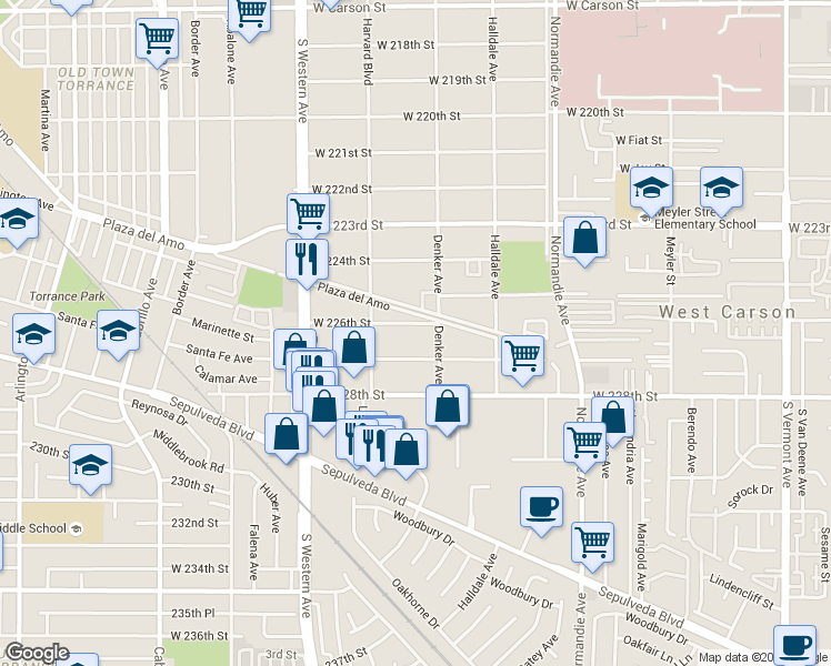map of restaurants, bars, coffee shops, grocery stores, and more near 1533 West 227th Street in Torrance