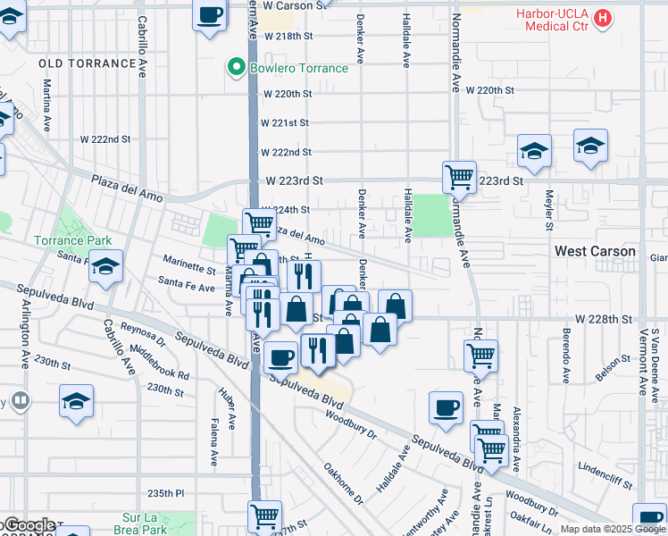 map of restaurants, bars, coffee shops, grocery stores, and more near 1533 West 227th Street in Torrance
