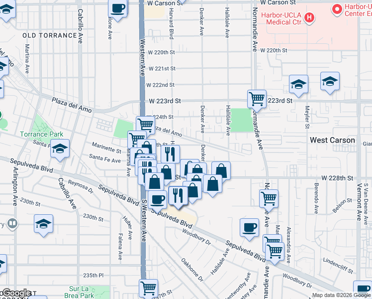 map of restaurants, bars, coffee shops, grocery stores, and more near 1533 West 227th Street in Torrance