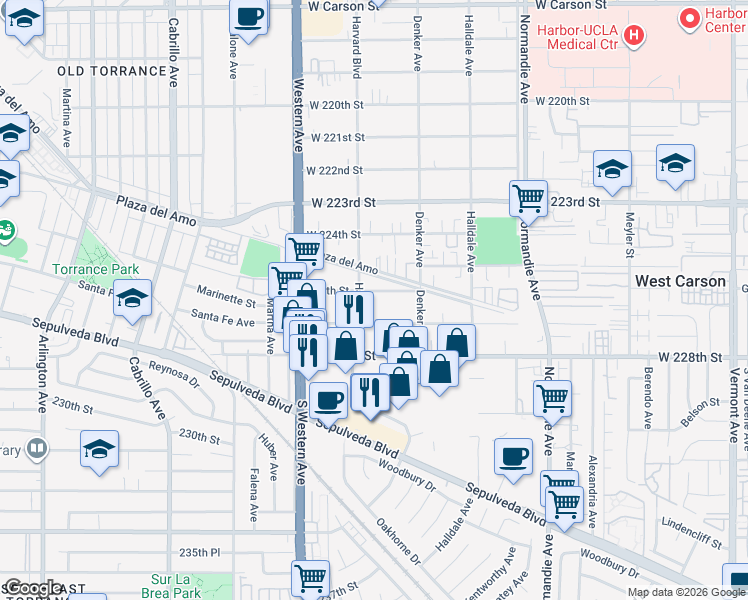 map of restaurants, bars, coffee shops, grocery stores, and more near 1533 West 227th Street in Torrance