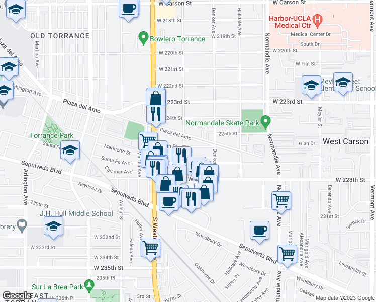 map of restaurants, bars, coffee shops, grocery stores, and more near 1601 West 227th Street in Torrance