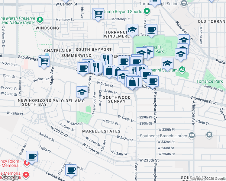 map of restaurants, bars, coffee shops, grocery stores, and more near 22610 Fern Avenue in Torrance