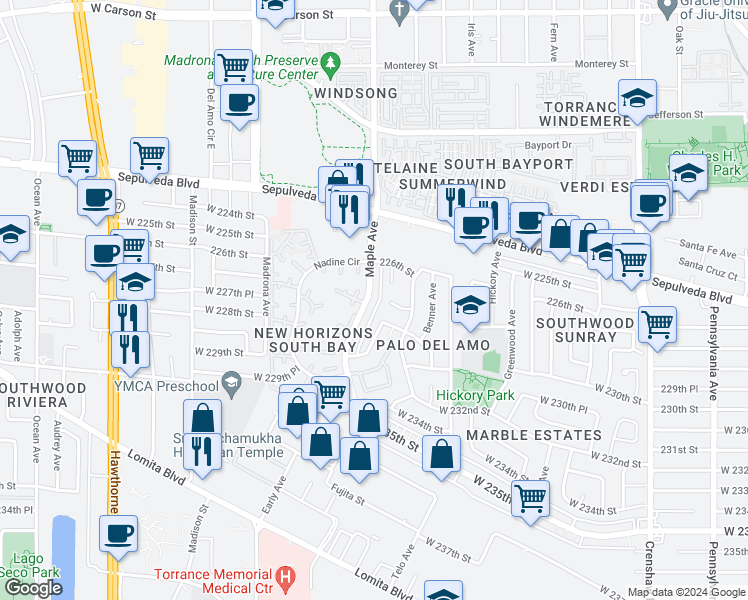 map of restaurants, bars, coffee shops, grocery stores, and more near 2929 West 229th Street in Torrance