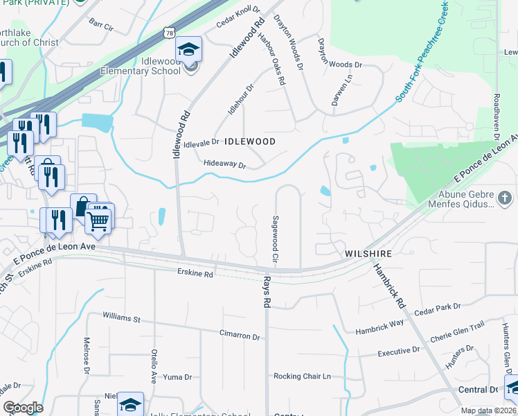 map of restaurants, bars, coffee shops, grocery stores, and more near 1391 Wenlock Edge Cove in Stone Mountain