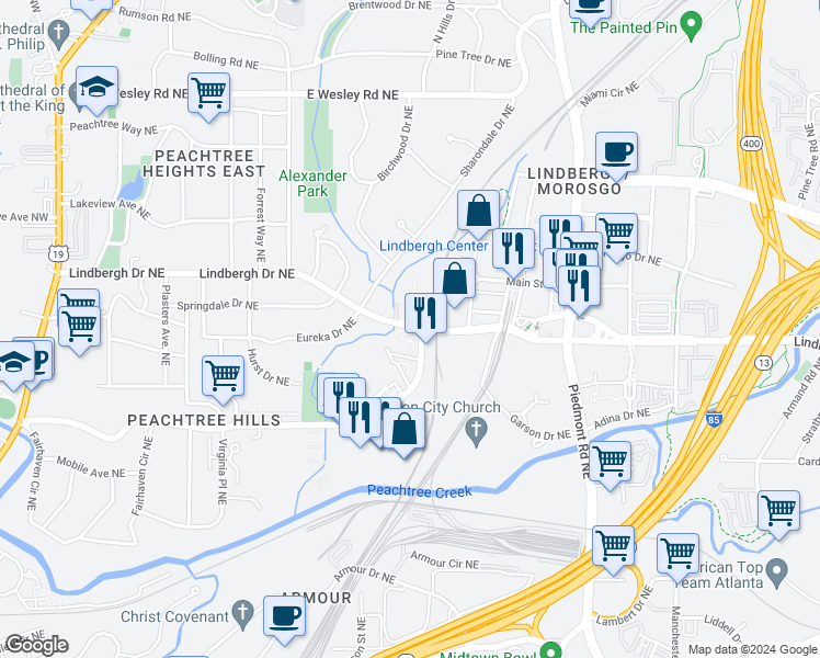 map of restaurants, bars, coffee shops, grocery stores, and more near 425 Lindbergh Drive Northeast in Atlanta