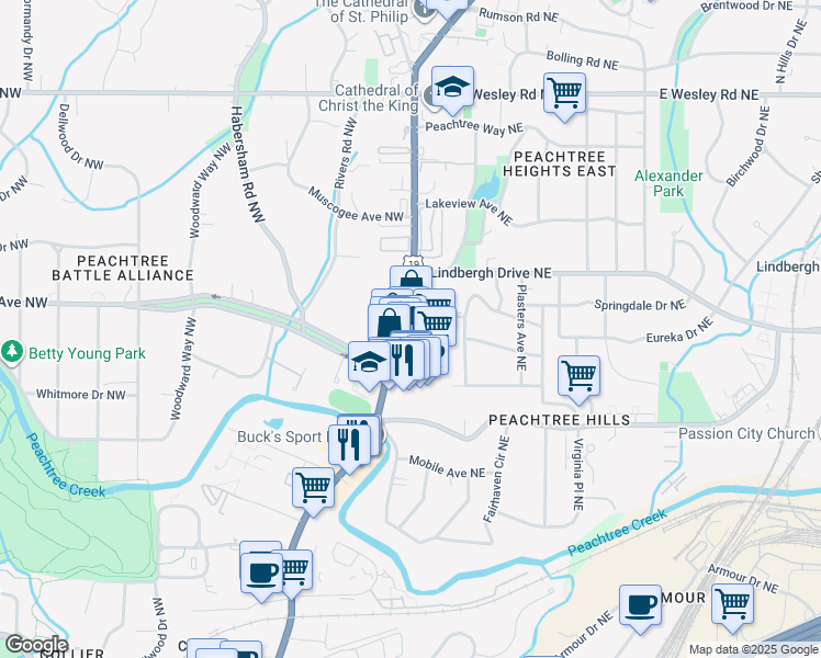 map of restaurants, bars, coffee shops, grocery stores, and more near 2365 Peachtree Road in Atlanta