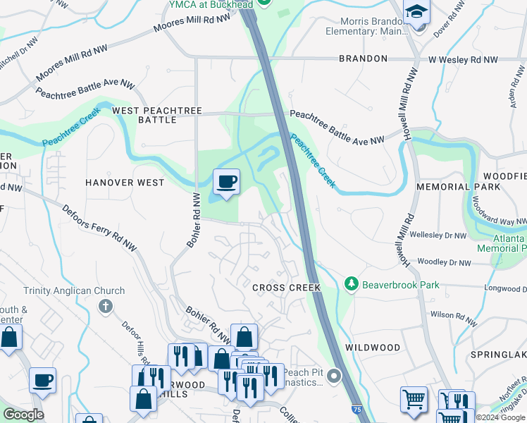 map of restaurants, bars, coffee shops, grocery stores, and more near 104 Verlaine Place Northwest in Atlanta