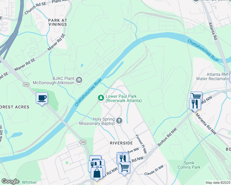map of restaurants, bars, coffee shops, grocery stores, and more near 2453 Paul Avenue Northwest in Atlanta