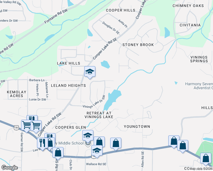 map of restaurants, bars, coffee shops, grocery stores, and more near 156 Vinings Lake Court Southwest in Mableton