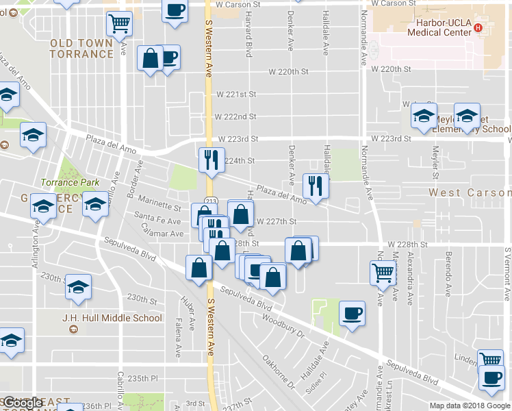 map of restaurants, bars, coffee shops, grocery stores, and more near 1562 226th Street in Torrance