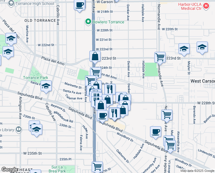 map of restaurants, bars, coffee shops, grocery stores, and more near 1612 226th Street in Torrance
