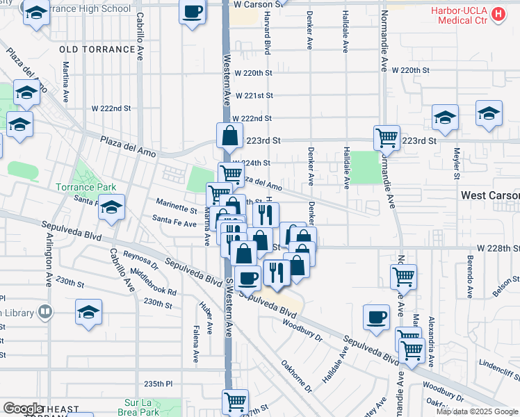 map of restaurants, bars, coffee shops, grocery stores, and more near 1612 226th Street in Torrance