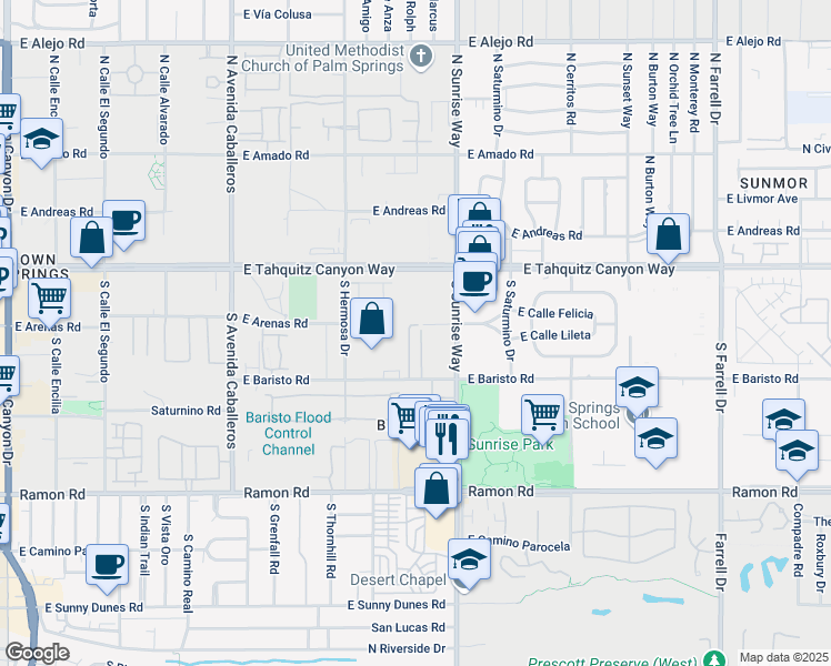 map of restaurants, bars, coffee shops, grocery stores, and more near 1464 East Baristo Road in Palm Springs