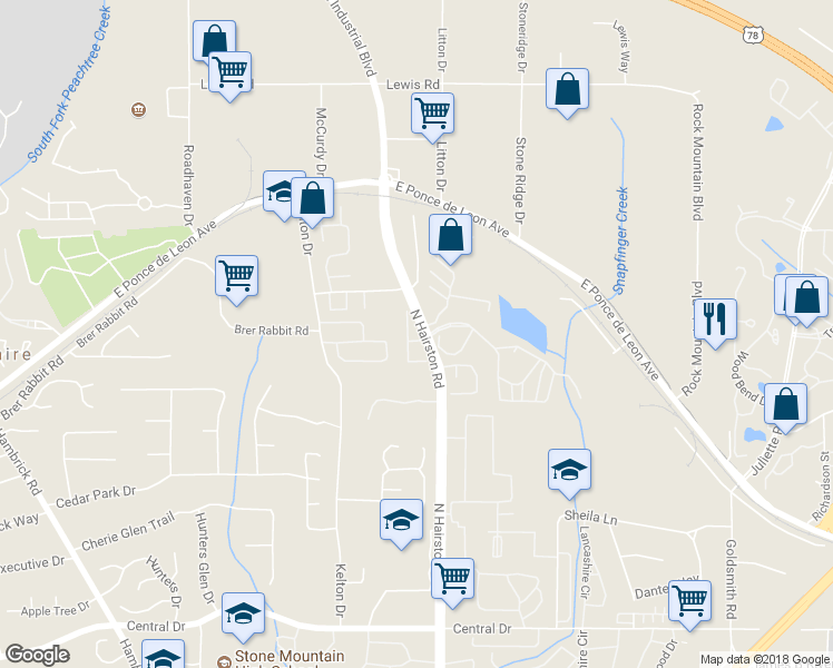map of restaurants, bars, coffee shops, grocery stores, and more near 4706 Clarion Pass in Stone Mountain