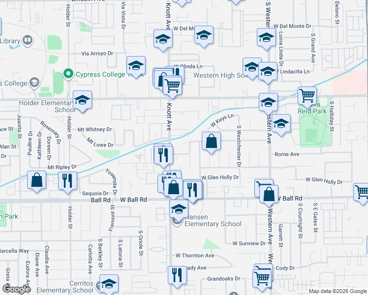 map of restaurants, bars, coffee shops, grocery stores, and more near 3426 Rome Avenue in Anaheim