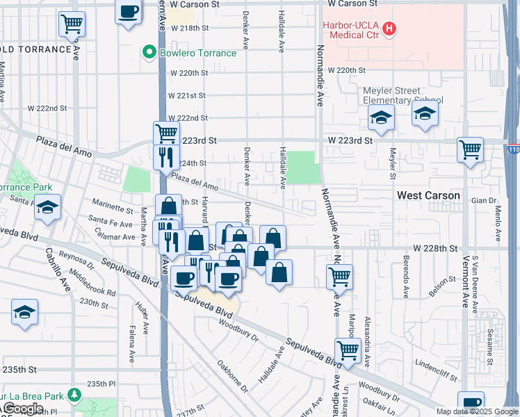 map of restaurants, bars, coffee shops, grocery stores, and more near 1434 Plaza del Amo in Torrance